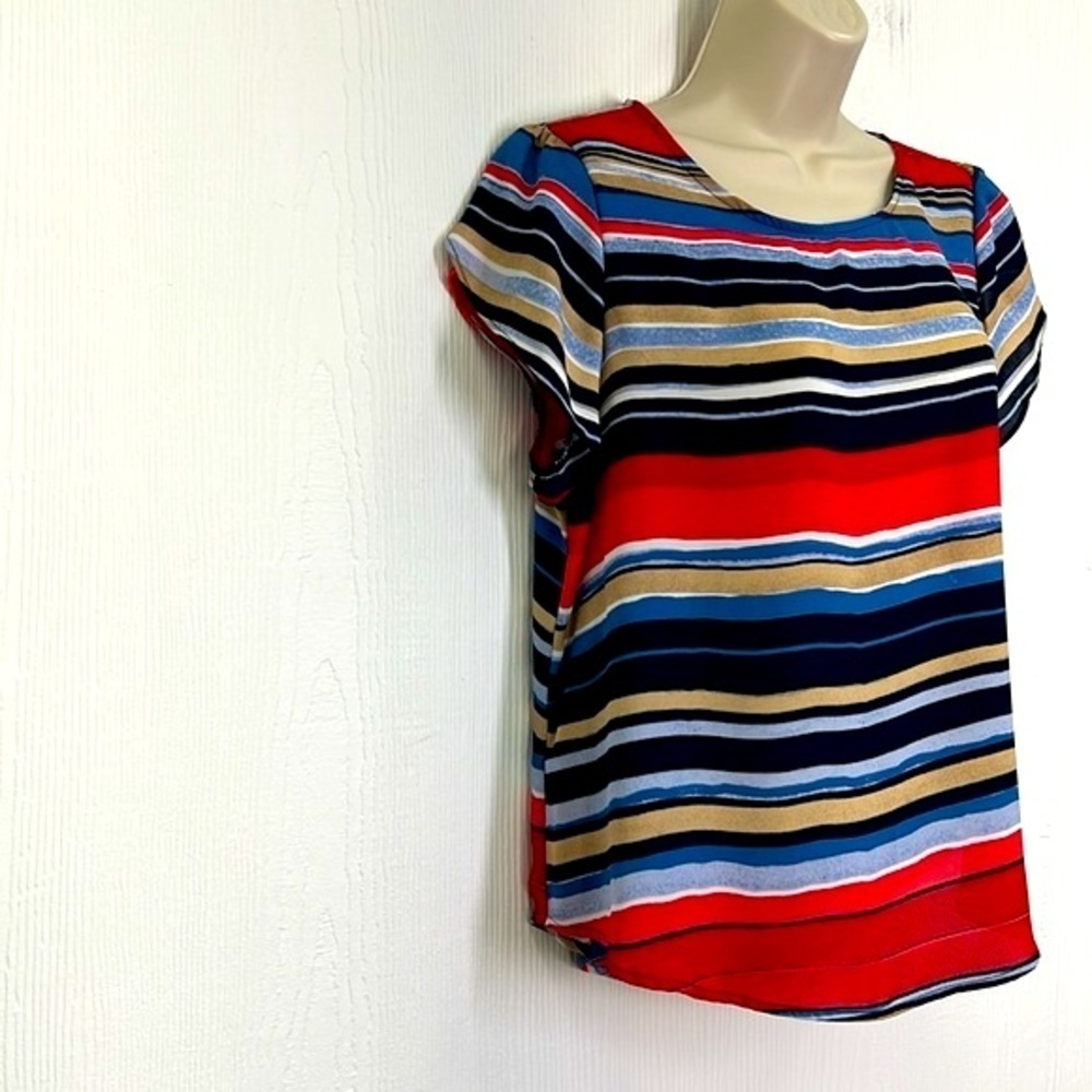 DKNY - Colorful Striped Crewneck Split Flutter Short Sleeve Blouse Size P Xl - Picture 4 of 10
